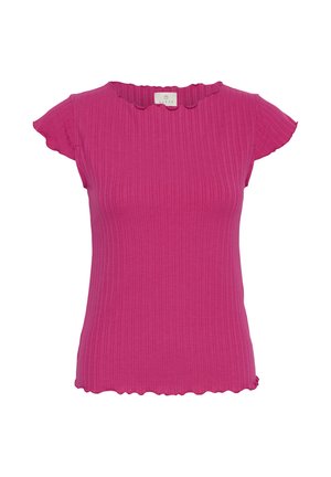 Haut court à manches courtes côtelé rose vif avec bordure ondulée aux épaules, aux manches et à l'ourlet, présenté sur fond blanc.