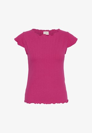 Top de manga corta acanalado de color rosa brillante con borde fruncido en el escote, las mangas y el dobladillo, mostrado sobre fondo blanco.