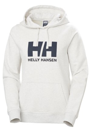 Jasnoszara bluza z kapturem, z przednią kieszenią typu kangurka, ściągaczem w kapturze i granatowym logo "HH". Miękka tekstura, luźny krój, materiał z mieszanki bawełny.