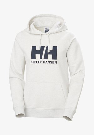 Hellgraue Kapuzenjacke mit einer Vorderkängurutasche, Kordelzugkapuze und navyblauem "HH"-Logo. Weiche Textur, lässige Passform, Mischmaterial aus Baumwolle.
