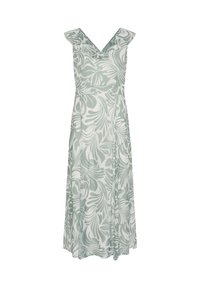 Robe fleurie en vert clair et blanc, avec un décolleté en V, des manches courtes et un tissu fluide. Le motif ressemble à des feuilles tropicales.