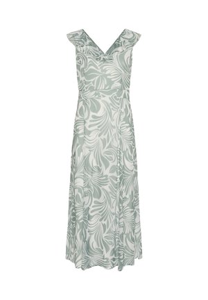 Blomstret kjole i lysegrøn og hvid, med V-hals, korte ærmer og et flydende stof. Mønstret ligner tropiske blade.