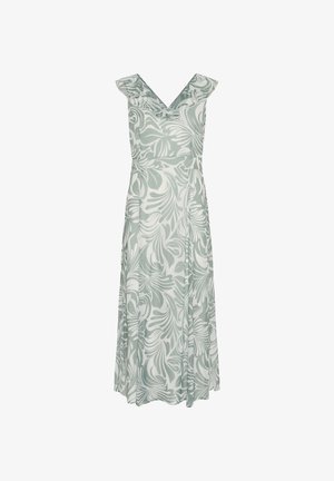 Kergelt roheline ja valge lilleline kleit, millel on V-kujuline kaelus, lühikesed varrukad ja voolav kangas. Mustriks on troopilised lehed.