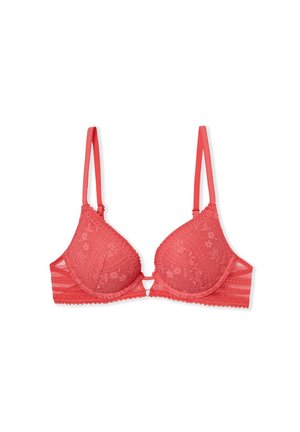 Reggiseno in pizzo corallo con coppe imbottite, spalline regolabili, motivo floreale, bordi smerlati e un dettaglio decorativo a forma di chiave al centro.