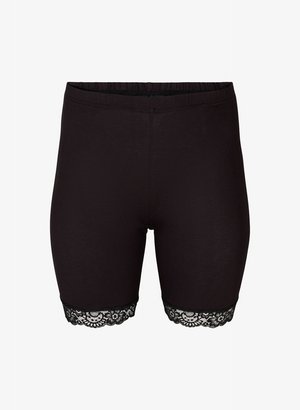 Mustat polven yläpuolelle ulottuvat shortsit, joissa on joustava vyötärönauha ja mustaa kukkakuvioista pitsiä lahkeiden reunoissa.