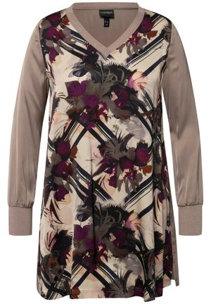 Bloemrijke tuniek met een V-hals, in een beige en paarse kleurenschema, met lange mouwen en gestructureerde manchetten. Lichte stof met abstracte patronen.