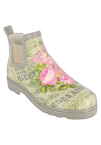 Botte de cheville en caoutchouc avec un motif floral en rose et vert, présentant une surface texturée, des accents gris clair et des panneaux latéraux élastiques.