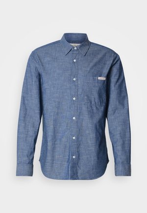 Blue long-sleeve button-up shirt in a lightweight, textured fabric. Features a pocket on the left chest and a small logo label. Buttons are light.