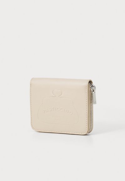 Beige leather wallet with embossed "PASTICCINO" logo, zip closure, rectangular shape, smooth texture, and silver hardware.