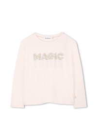Lange mouw lichtroze shirt met 'MAGIC' tekst in glanzende pailletten. Gemaakt van zachte stof, met een ronde halslijn en een relaxte pasvorm.