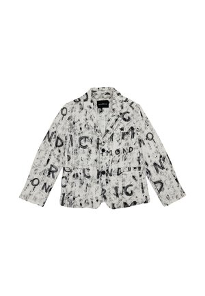 Blazer bianco con un motivo grafico di lettere nere, con maniche lunghe, rever a dentino e chiusura con un solo bottone. Tessuto testurizzato.