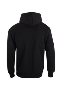 Czarna bluza z kapturem, mieszanka bawełny, miękka tekstura, długie rękawy, ściągacze przy mankietach i u dołu, minimalistyczny design, widok z tyłu z centralnie umieszczonym kapturem.