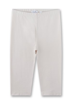 Light beige leggings with a smooth texture, elastic waistband, and stitched hem. Mid-calf length with a minimalist design.