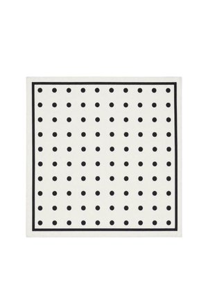 Tessuto quadrato bianco con piccoli pois neri distribuiti uniformemente e un sottile bordo nero vicino ai bordi.