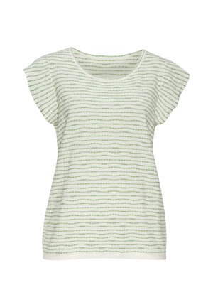 Hellgrünes gestreiftes T-Shirt mit kurzen, flatternden Ärmelchen, rundem Ausschnitt, weichem Material und abwechselnden horizontalen Mustern in dunkleren Farbtönen.