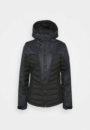 Giacca invernale imbottita nera e grigio scuro con cappuccio, cerniera frontale completa, tasche con zip e delicata stampa leopardata su spalle e maniche.