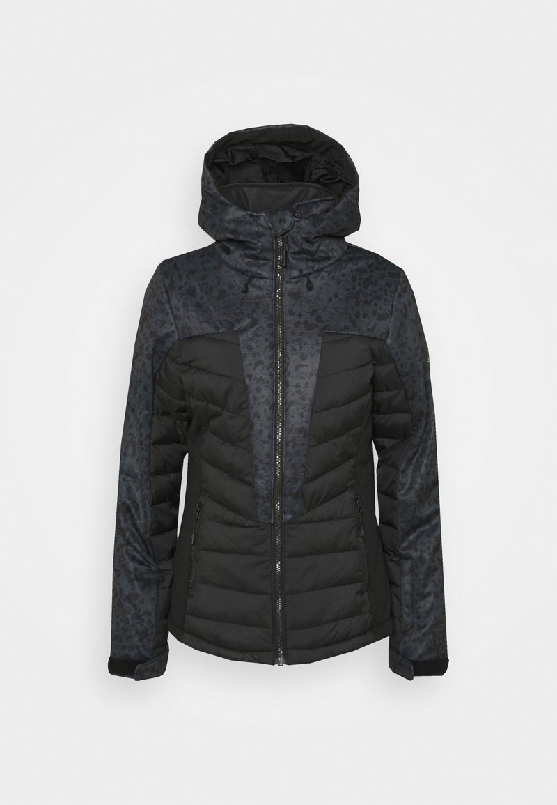 Veste d'hiver matelassée noire et gris foncé avec capuche, fermeture éclair intégrale à l'avant, poches zippées et imprimé léopard subtil sur les épaules et les manches.