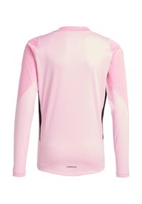 Maglietta sportiva a manica lunga in rosa chiaro con tessuto traspirante, pannelli laterali neri, scollatura a girocollo e etichetta "AEROREADY" in basso.