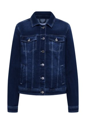 Veste en denim bleu foncé avec fermeture à boutons, deux poches poitrine à rabats boutonnés et poches fendues sur les côtés, présentée sur fond blanc.