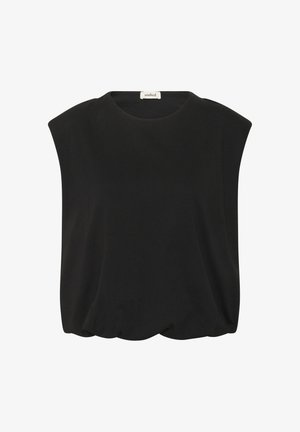 Mustpea lühikeste varrukatega ülle, pehmest kangast, ümmarguse kaelusega ja kõverate äärtega, millel on lodev sobivus ja minimaalsed õmblused, et saavutada sile välimus.