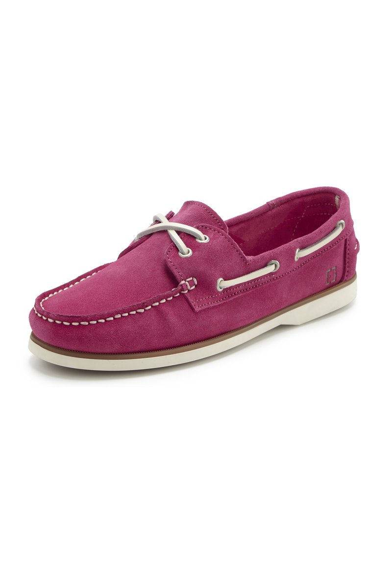 Rosa Wildlederschuh in Boot-Optik mit weißen Schnürsenkeln, Stickdetails und einer kontrastierenden Gummisohle. Verfügt über eine abgerundete Zehenpartie und seitliche Ösen zur Belüftung.