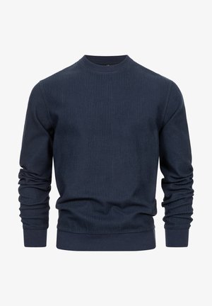 Dunkelblaues gestricktes Sweatshirt mit langen Ärmeln, Rundhalsausschnitt, strukturiertem Muster und gerippten Bündchen und Saum. Aus weichem Stoff gefertigt.
