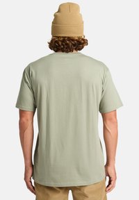 Camiseta de manga corta, de color verde claro, con un ajuste relajado, hecha de material de algodón suave y con un cuello tipo crew, vista desde la parte trasera.