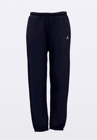 Schwarze Jogginghosen aus glattem Stoff, mit elastischem Bund und Kordelzug sowie einem kleinen weißen Logo auf der linken Seite.