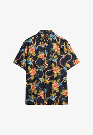 Camicia a maniche corte blu navy con motivo floreale, caratterizzata da vivaci fiori rosa e blu, foglie verdi e chiusura con bottoni. Realizzata in tessuto soffice.