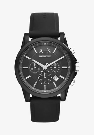 Czarny zegarek chronograf z gumowym paskiem i fakturowaną czarną tarczą. Posiada srebrne znaczniki godzin, sub-tarcze oraz wyświetlacz daty na godzinie 6.