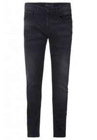 Jeans de mezclilla oscura con un corte ajustado, que cuentan con un diseño clásico de cinco bolsillos, material de mezcla de algodón y costuras en contraste cerca de los bolsillos.