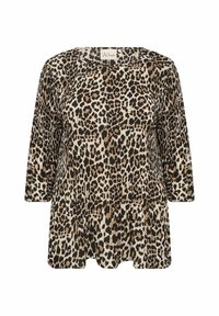 Top s leopardím vzorom s okrúhlym výstrihom, trojštvrťovými rukávmi a rozšíreným strihom v odtieňoch béžovej, hnedej a čiernej.