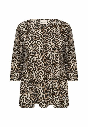 Top de estampado de leopardo con escote redondeado, mangas tres cuartos y una silueta acampanada en tonos de beige, marrón y negro.