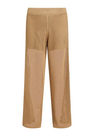 Ελαφρώς καφέ πλεκτό πλέγμα παντελόνι με φαρδιές παντελόνες και ελαστική μέση, εμφανιζόμενο με πρόσοψη σε λευκό φόντο.