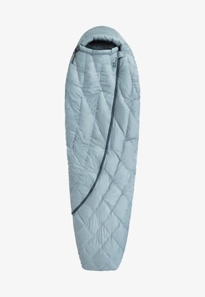 Light blue sleeping bag with a quilted pattern, zipper on the side, and a rounded hood. Made from synthetic material, lightweight and compact.