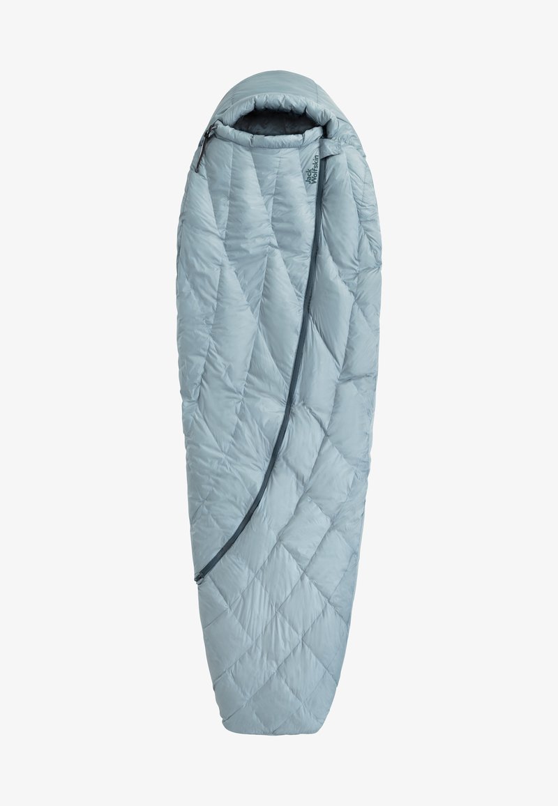 Sacco a pelo azzurro chiaro con motivo trapuntato, zip sul lato e cappuccio arrotondato. Realizzato in materiale sintetico, leggero e compatto.