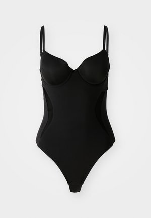 Svart badedrakt med formede kopper, justerbare stropper og sidepaneler i mesh. Har høyskåret ben og glatt tekstur.
