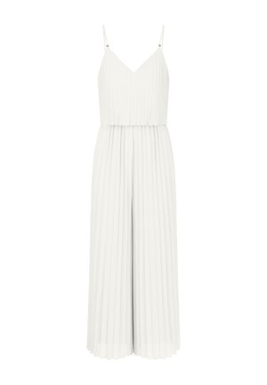 White pleated jumpsuit with thin spaghetti straps and a V-neckline. Features a fitted waistband and wide, flowing legs.