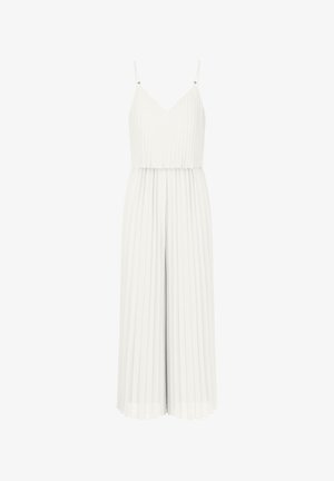 White pleated jumpsuit with thin spaghetti straps and a V-neckline. Features a fitted waistband and wide, flowing legs.