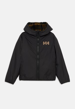 Giacca nera con zip e cappuccio. Presenta un morbido rivestimento in pelliccia marrone e un logo beige sul lato sinistro del petto. Design sportivo con polsini elasticizzati.