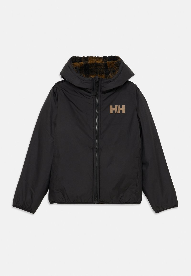 Must mustaga, millel on kapuuts. Sisepind on pehme pruun karvaga ja vasakul rinnal on helepruun logo. Spordiline disain, millel on venitavad mansetid.