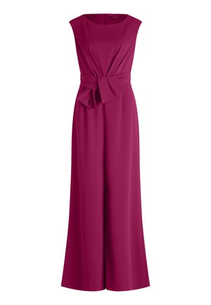 Fuchsia Jumpsuit mit ärmellosem Design, verziert mit einem gerafften Taillenbund und einer Schleifendetail. Hergestellt aus glattem, leichtem Stoff. Weite Beinsilhouette.