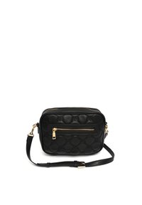 Borsa a tracolla in pelle nera con texture trapuntata, scomparto principale con zip e tasca frontale. Presenta dettagli in oro e una tracolla regolabile.