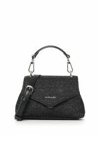 Sac à main en tissu noir avec un design structuré, doté d'une poignée supérieure, d'une bandoulière détachable et d'une fermeture métallique. Logo "MIRI ADE" à l'avant.