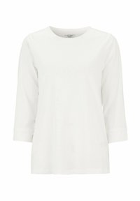 Weißes Langarmhemd aus Baumwolle mit rundem Halsausschnitt und 3/4-Ärmeln mit hochgerollten Bündchen. Glatte Textur.