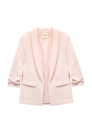 Helle rosa Blazer mit Schalkragen, Dreiviertelärmeln, zwei Fronttaschen und einem glatten, strukturierten Stoff. Offenes Vorderdesign.