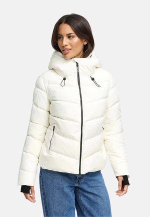 White puffer jacket with a hood, quilted design, front zipper, and side pockets. Includes black accent on cuff and zipper. Casual fit.