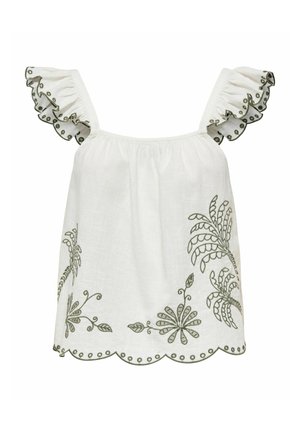 Balts lina tops ar zaļiem izšūtiem ziedu motīviem. Iezīmēts ar viļņotām piedurknēm ar viļņotām malām un maziem apļveida akcentiem apakšmalā.