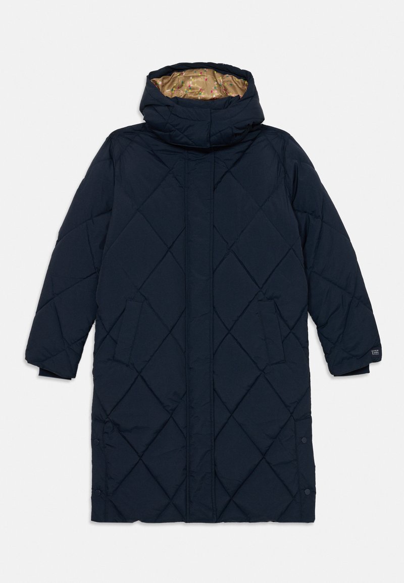Navy puffer coat with diamond quilted pattern, high collar, and two side pockets. Interior features a contrasting patterned lining.