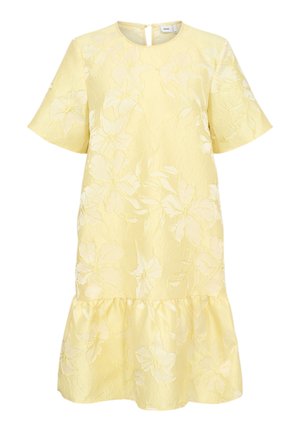 Hellgelbes Kurzarmkleid mit dezentem floralen Jacquardmuster und einem gerafften Saum, ausgestattet mit einem Rundhalsausschnitt und einem Reißverschluss am Rücken.